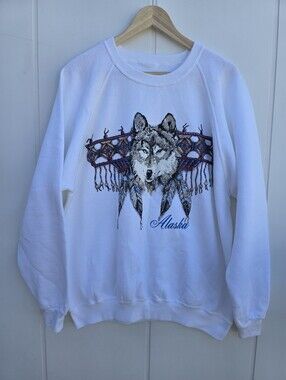 Vintage Alaska Wolf Tribal Glittery Crewneck White Sweater